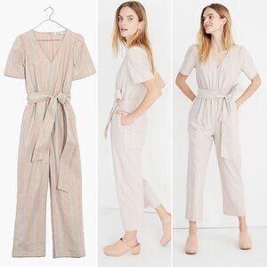 Madewell Striped Puff-Sleeve Tapered Jumpsuit Cotton/Linen size 6
